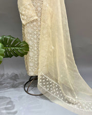 Organza Chikankari Unstitch 2Pc Suit - Ivory