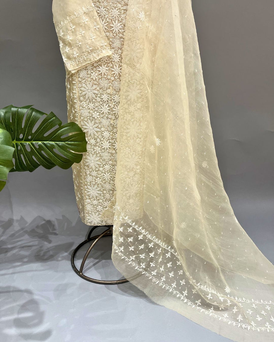 Organza Chikankari Unstitch 2Pc Suit - Ivory