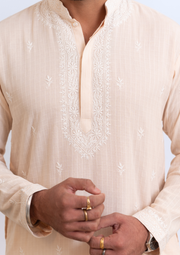 Cotton Chikankari Mens Kurta - Peach