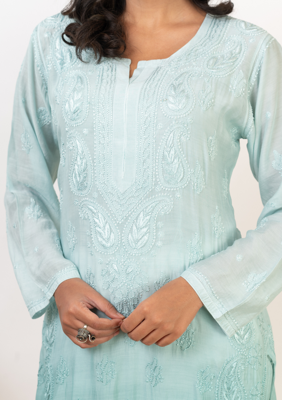 Muslin Chikankari Long Kurti - Ombre Teal Green