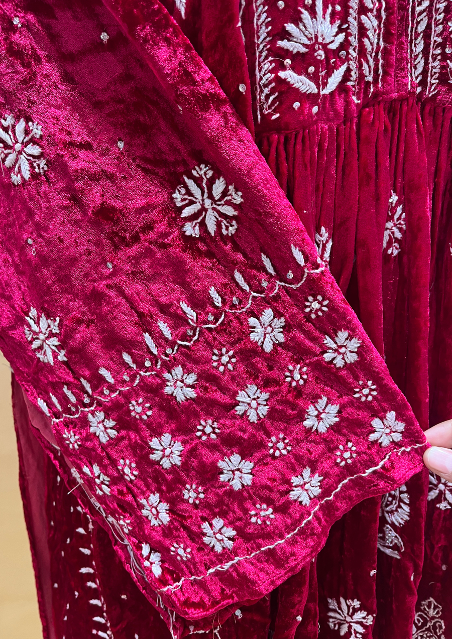 Velvet Chikankari Semistitched Sharara Set - Magenta Pink
