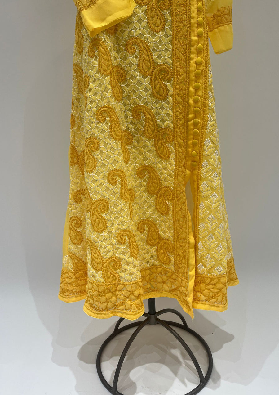 Georgette Chikankari Long A-Line Kurti - Sunflower Yellow