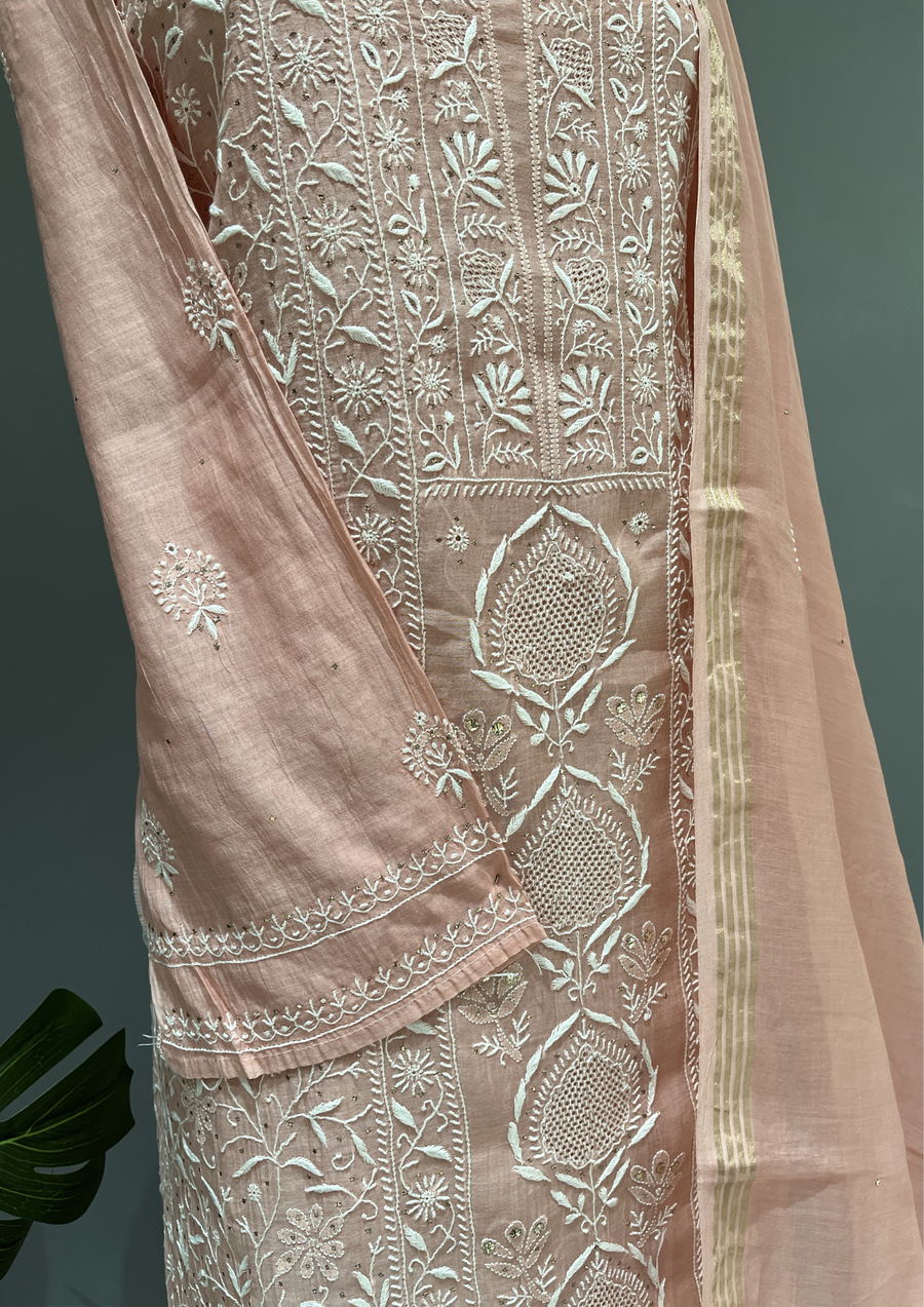 Chikankari Mul Unstitched Kurta And Dupatta Set - Rose Gold