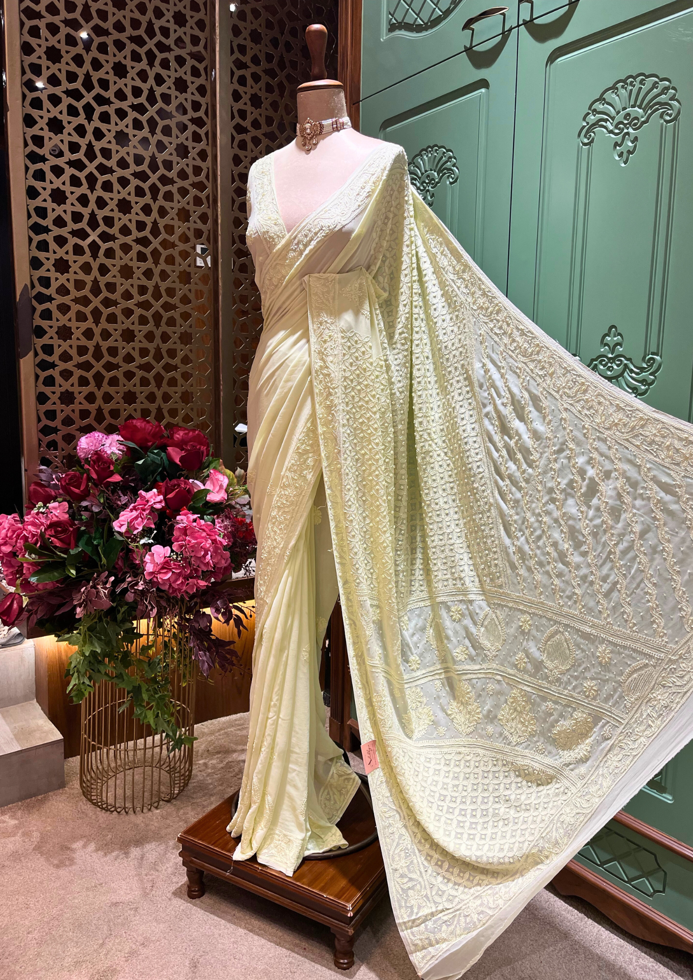Chikankari Viscose Saree - Lime Yellow