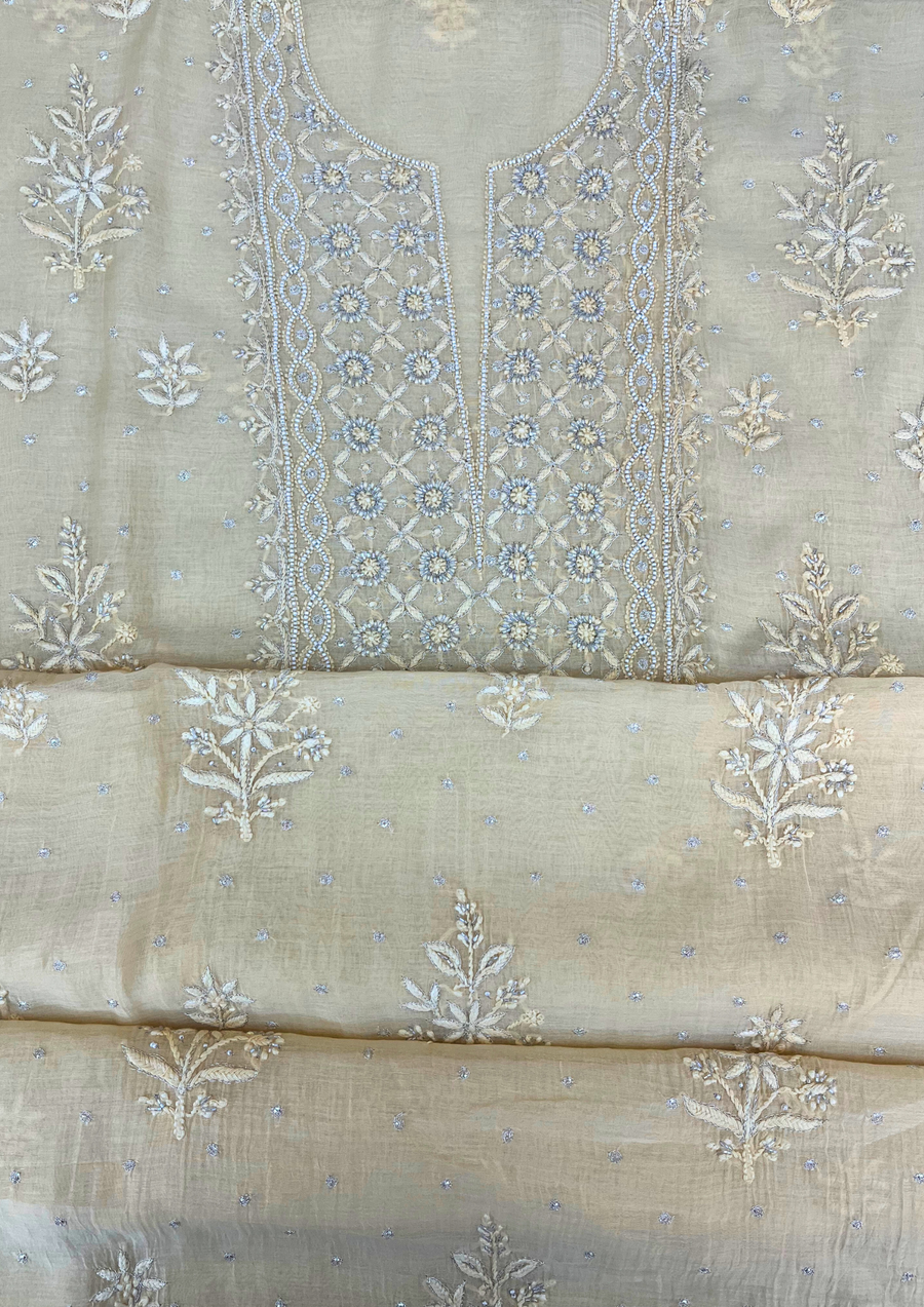 Mul Chanderi Chikankari Unstitched 2Pc Suit - Lemon yellow
