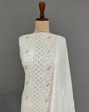 Viscose Chikankari Unstitched Suit Set - White