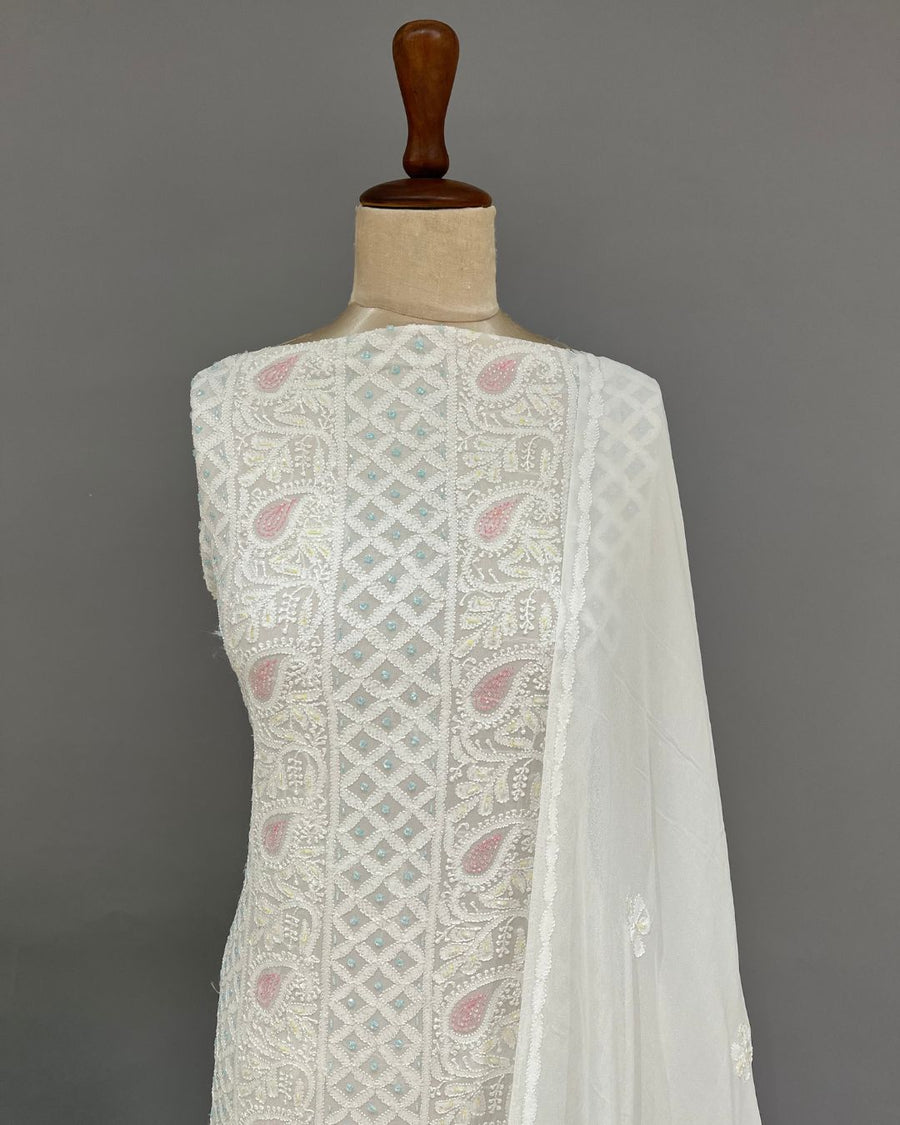 Viscose Chikankari Unstitched Suit Set - White
