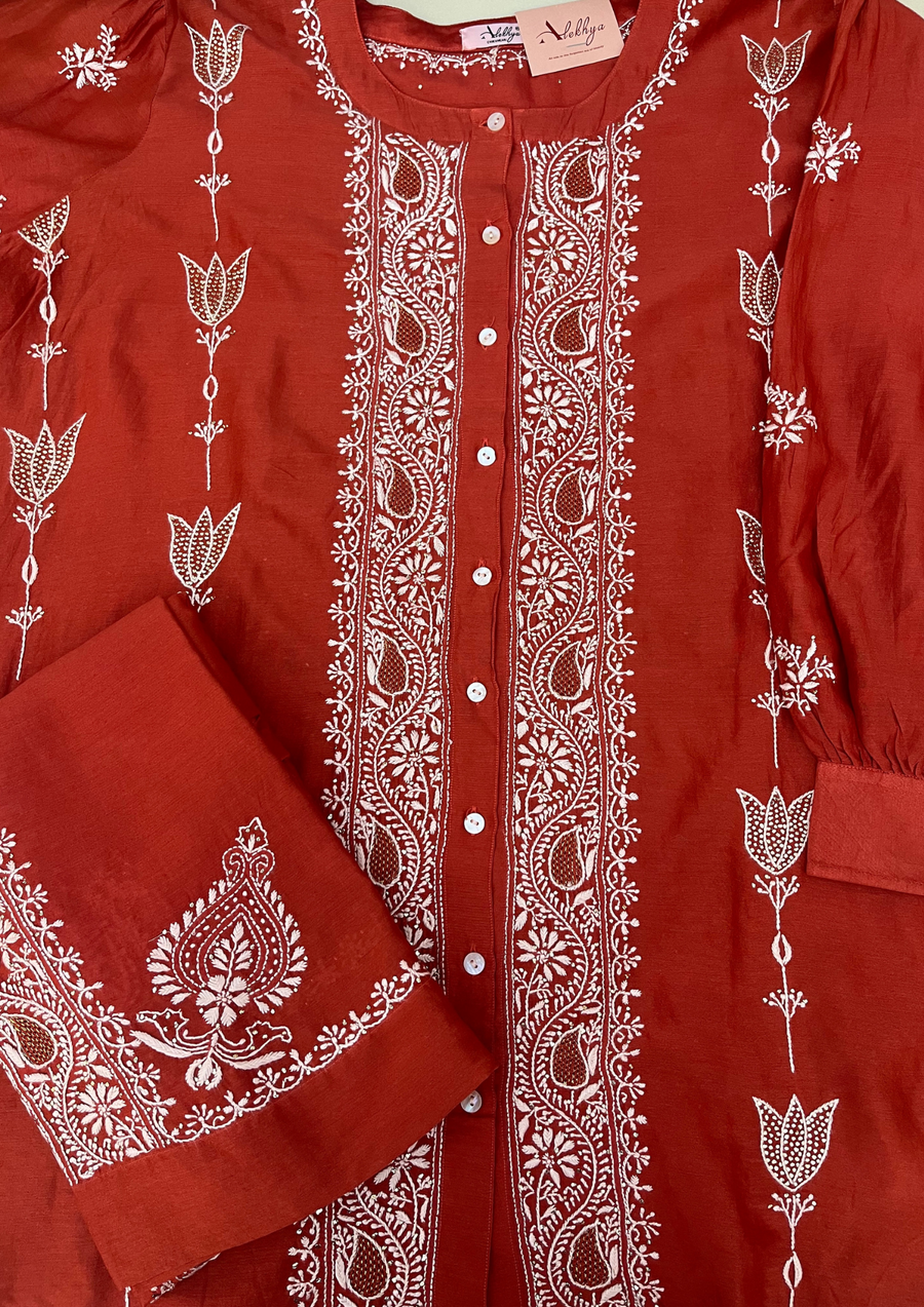 Chikankari Semistitched Chanderi Co-ord Set - Blood Red