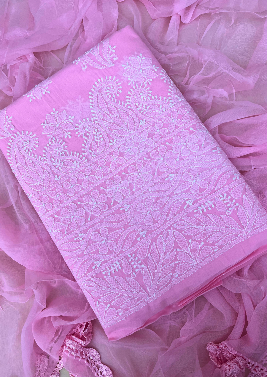 Cotton Unstitched Chikankari Suit - Baby Pink