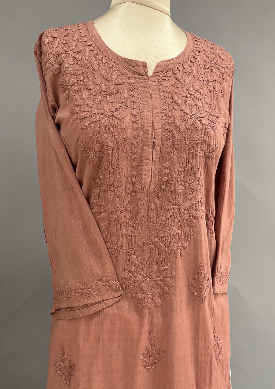 Cotton Chikankari Kurti -  Rust