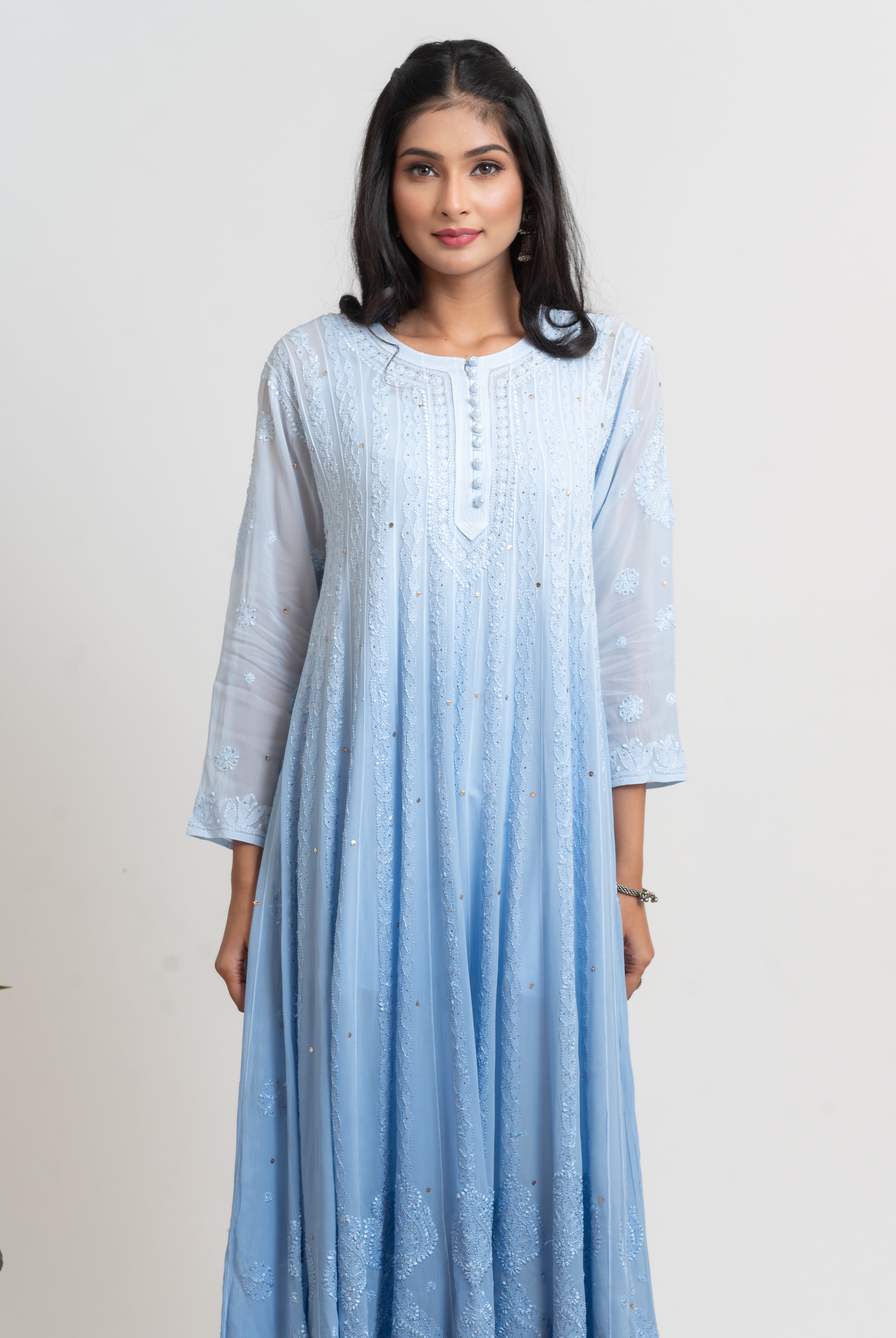 Georgette Anarkali Chikankari Kurta - Ombre Blue