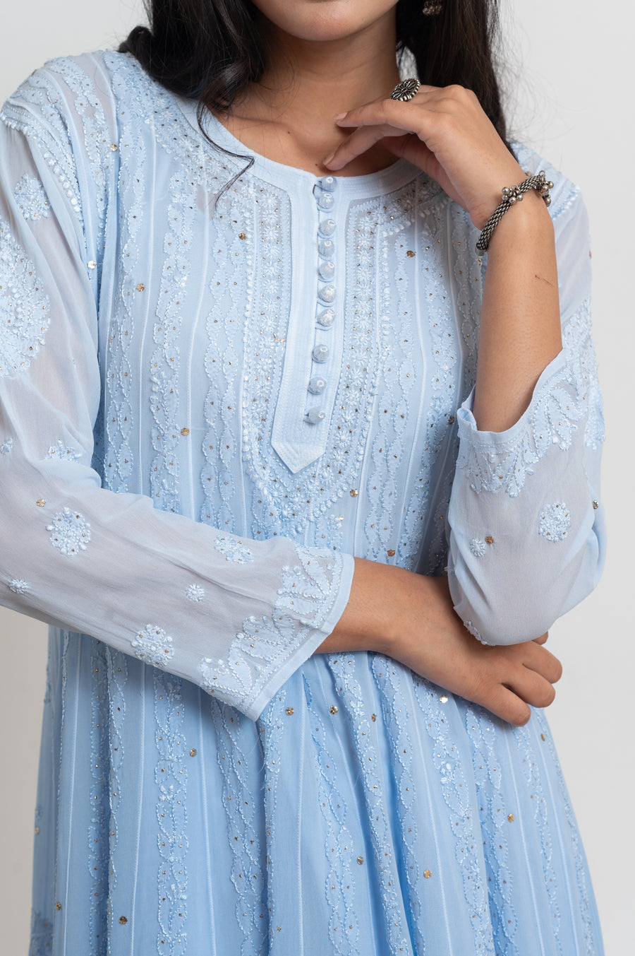 Georgette Anarkali Chikankari Kurta - Ombre Blue