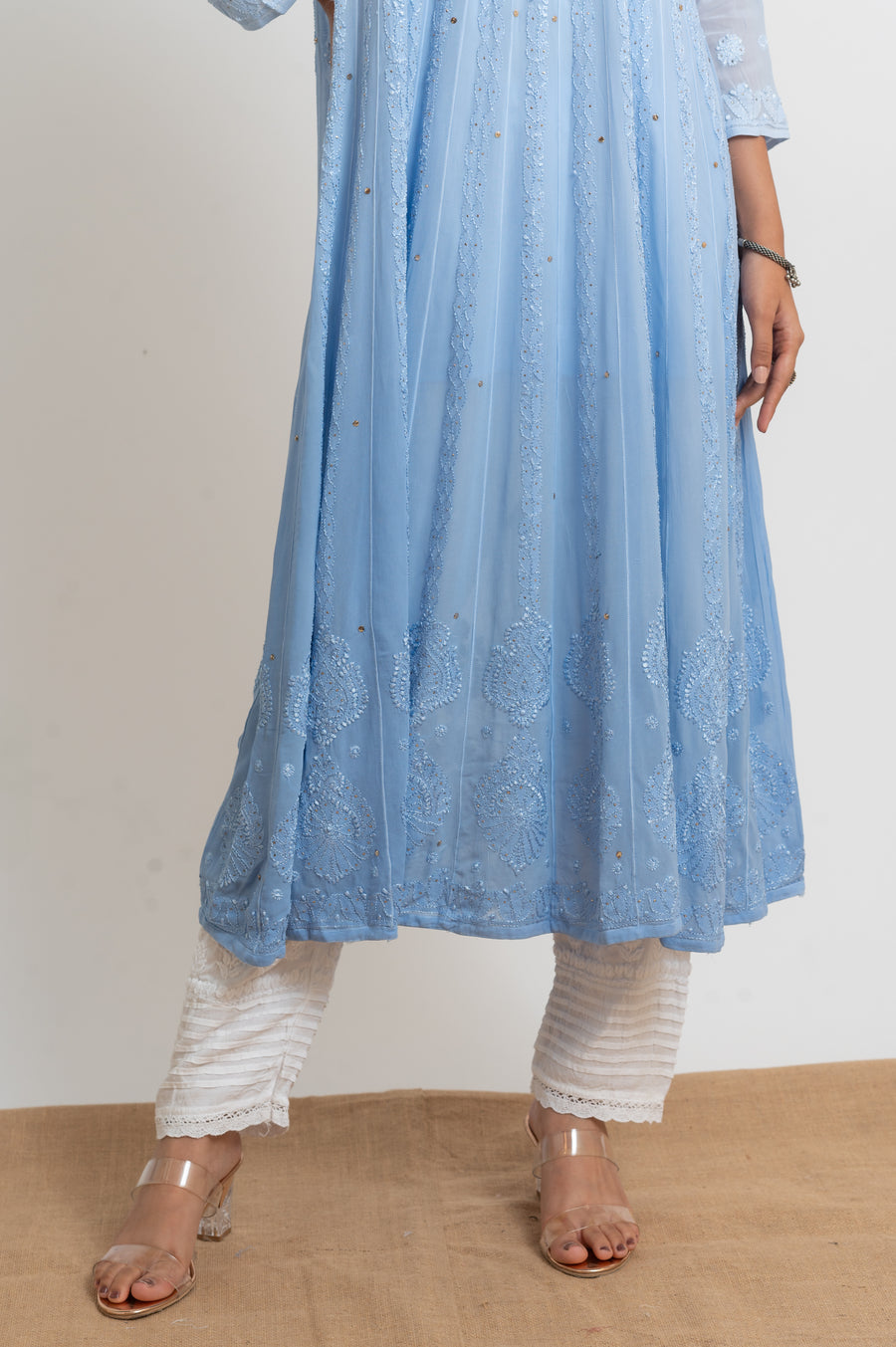 Georgette Anarkali Chikankari Kurta - Ombre Blue