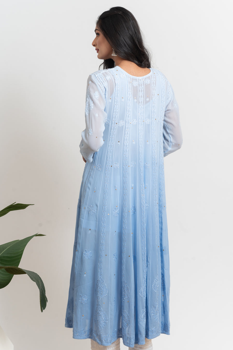 Georgette Anarkali Chikankari Kurta - Ombre Blue