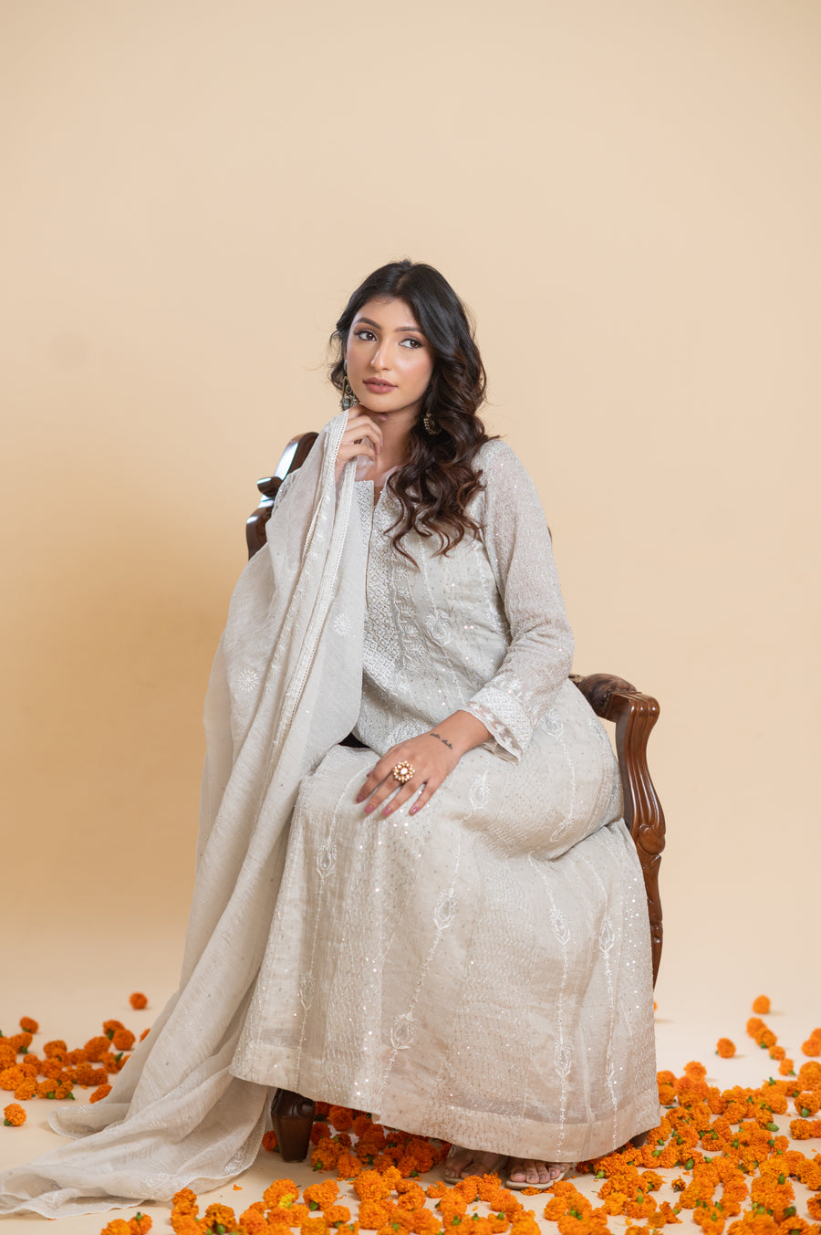 Chikankari Tissue Anarkali - Natural Silver