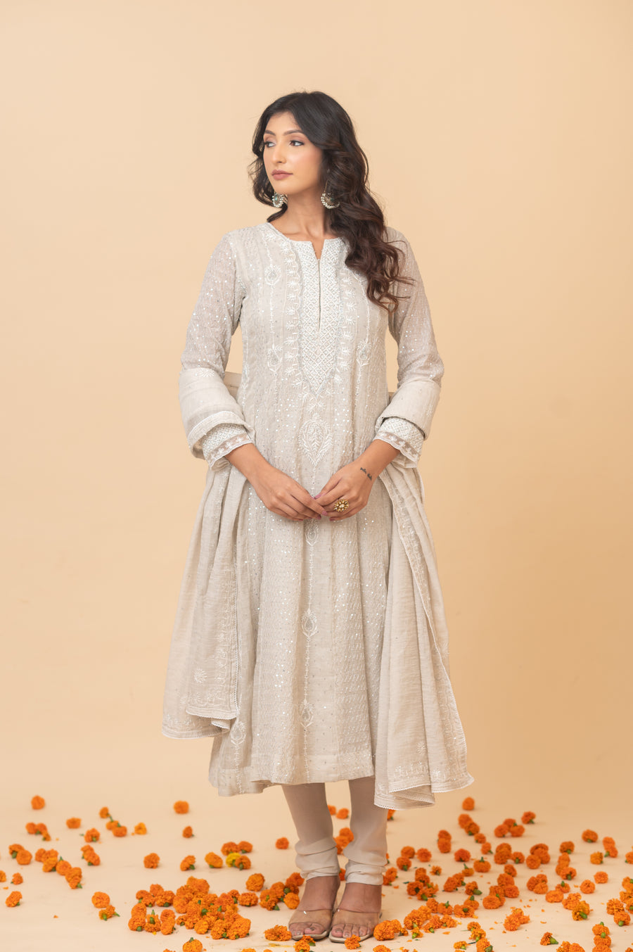 Chikankari Tissue Anarkali - Natural Silver
