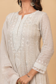 Chikankari Tissue Anarkali - Natural Silver