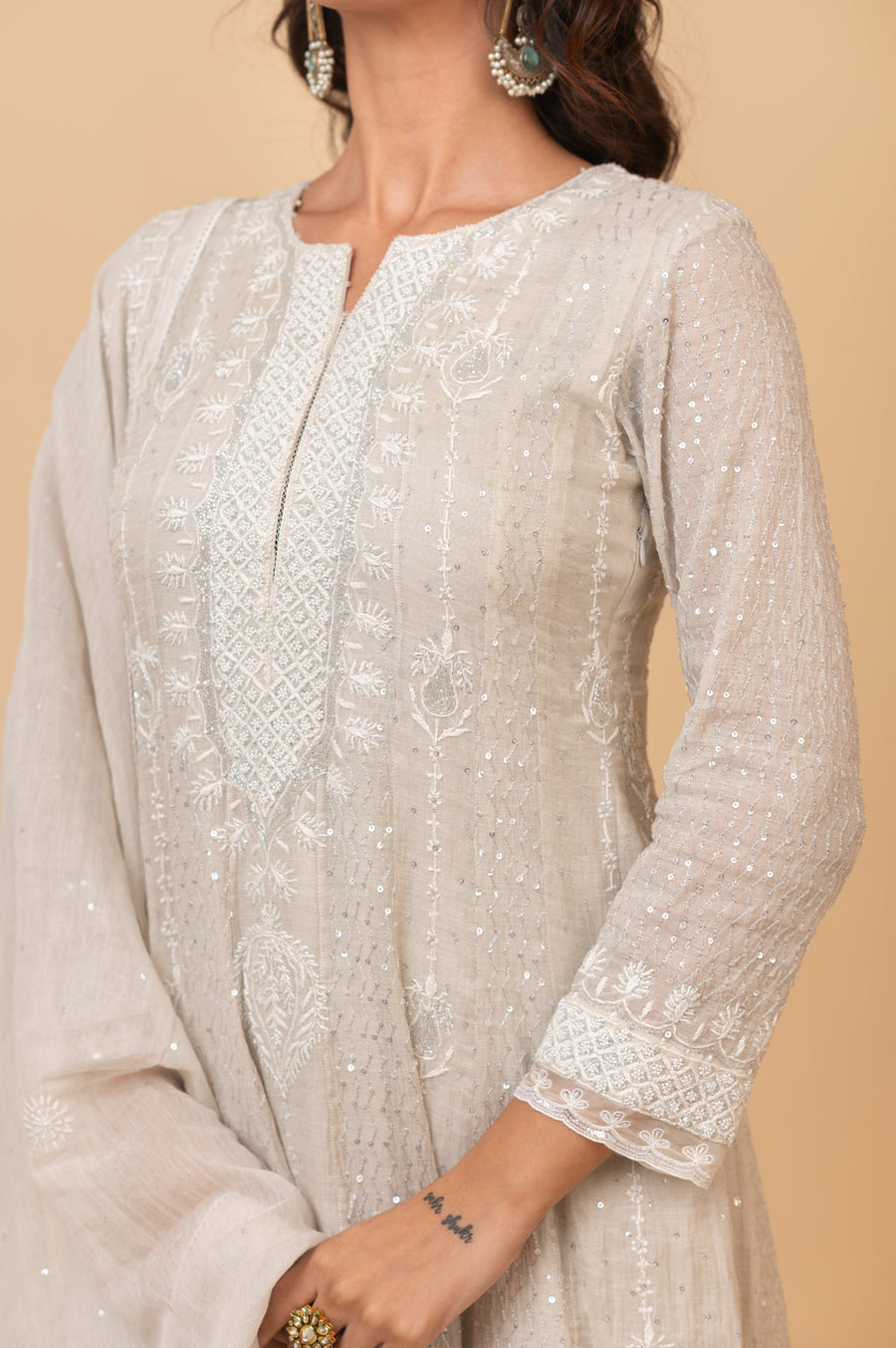 Chikankari Tissue Anarkali - Natural Silver