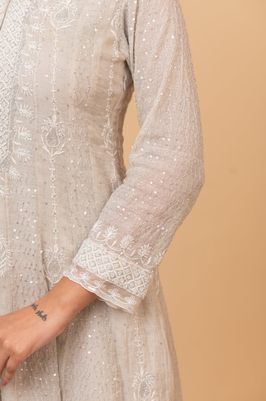 Chikankari Tissue Anarkali - Natural Silver