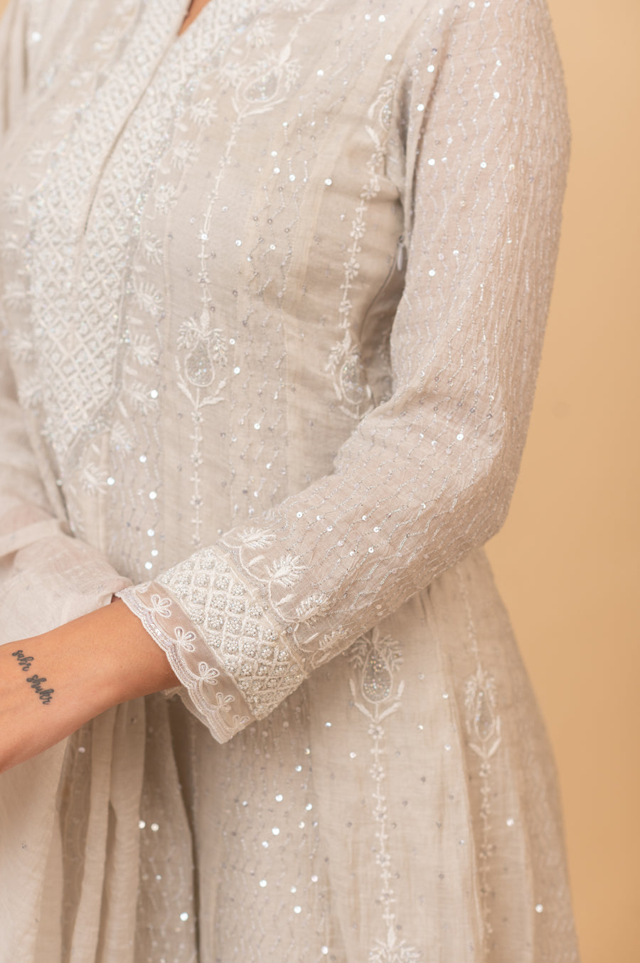 Chikankari Tissue Anarkali - Natural Silver