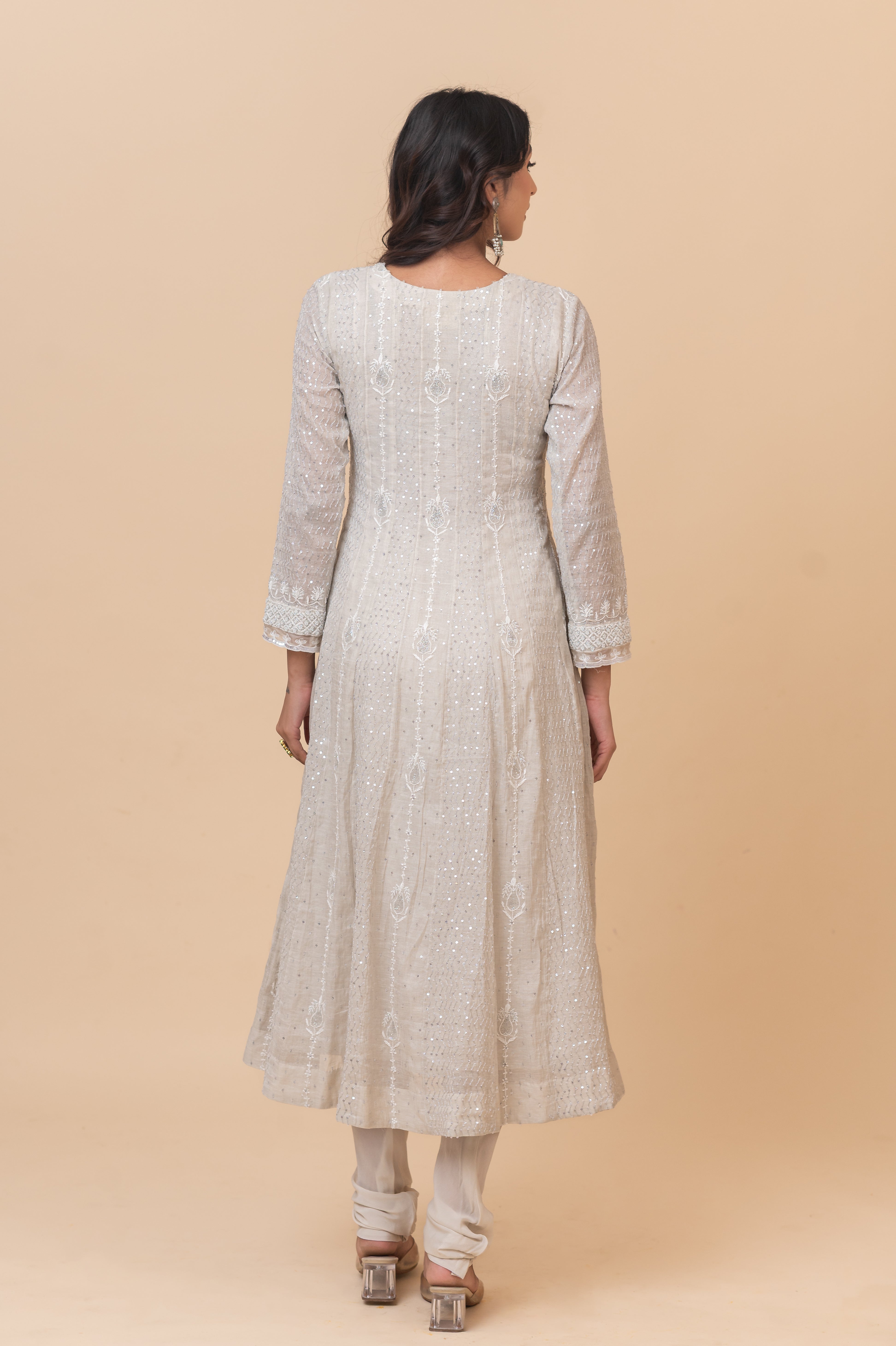 Chikankari Tissue Anarkali - Natural Silver