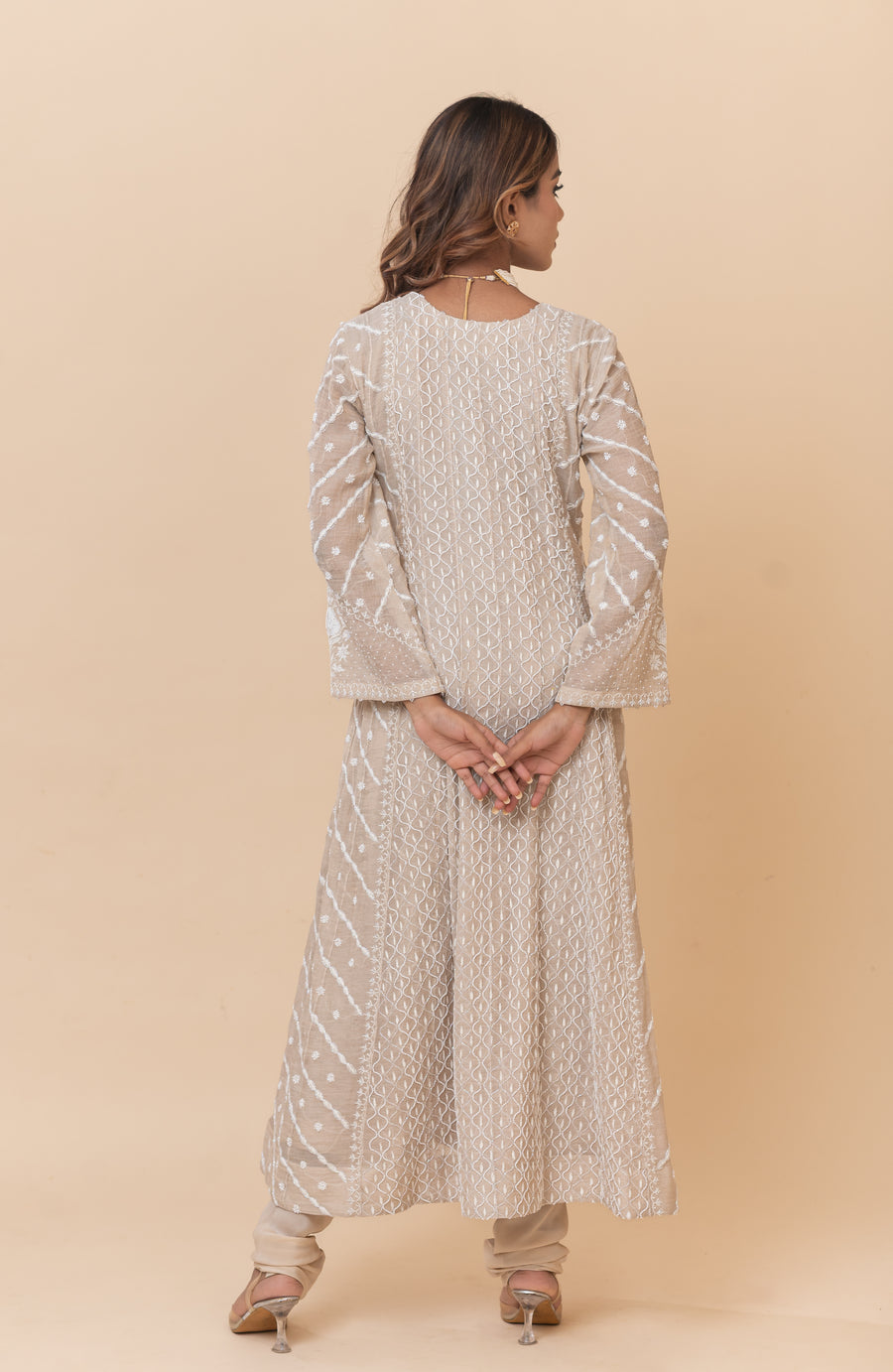 Chikankari Tissue Anarkali - Natural Gold