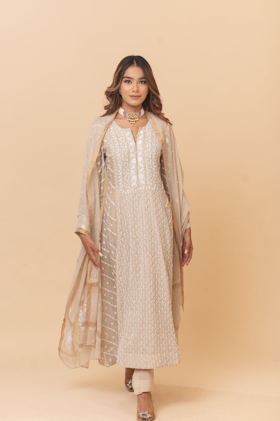 Chikankari Tissue Anarkali - Natural Gold