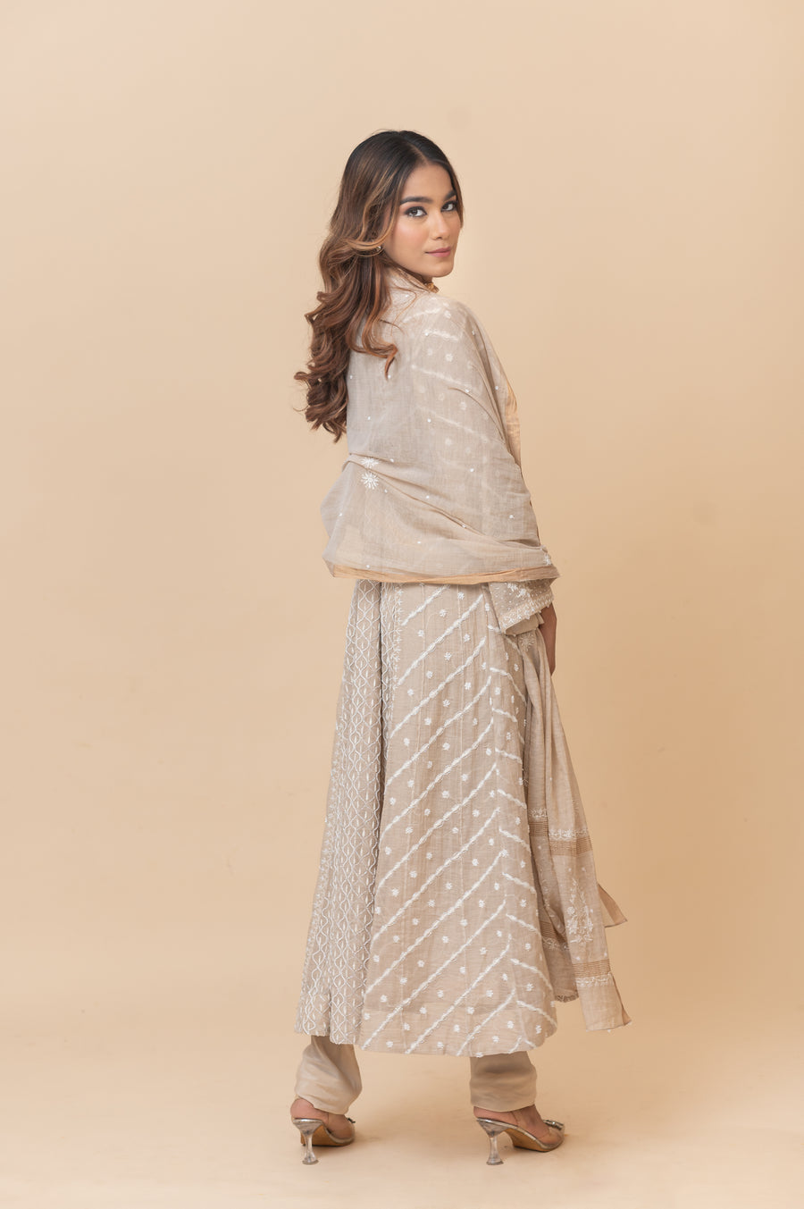 Chikankari Tissue Anarkali - Natural Gold
