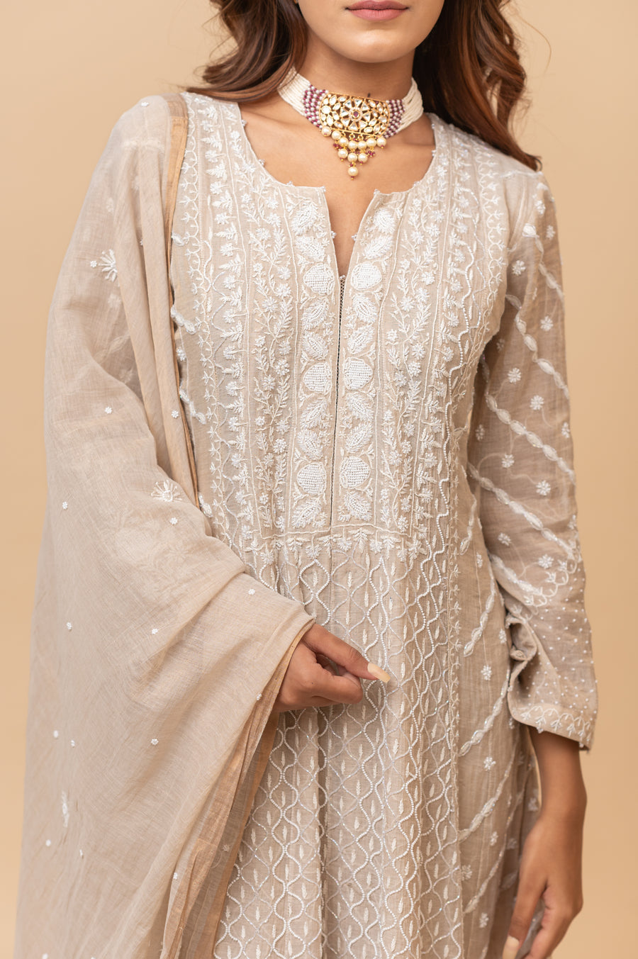 Chikankari Tissue Anarkali - Natural Gold