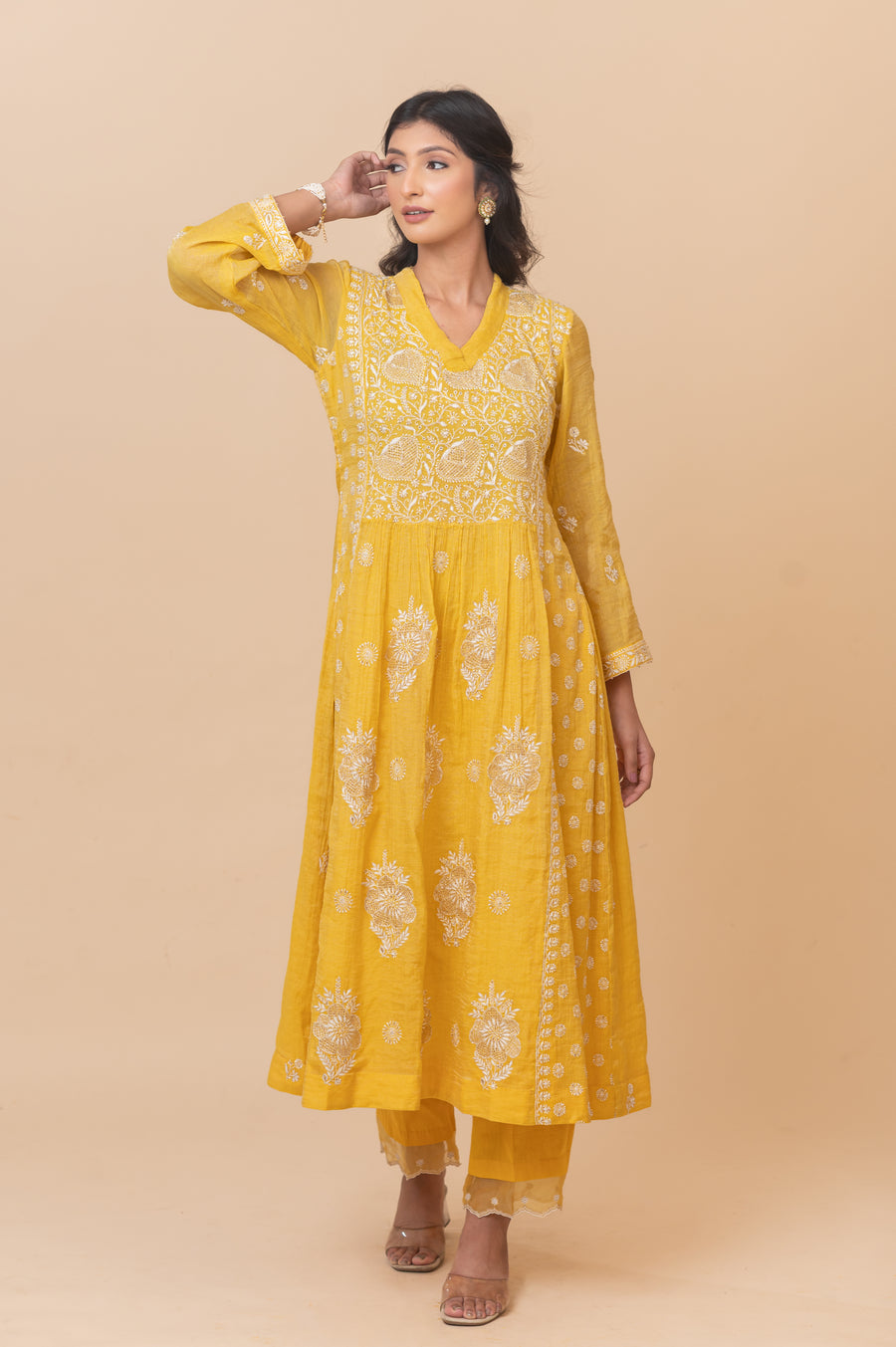 Chikankari A- Line Tissue Suit Set - IKEA Yellow