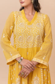 Chikankari A- Line Tissue Suit Set - IKEA Yellow