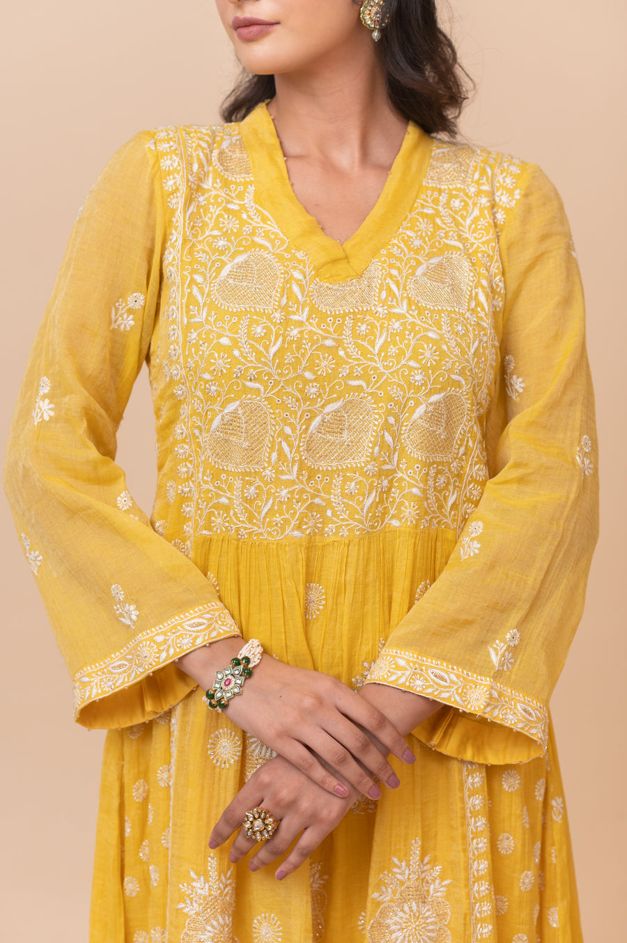 Chikankari A- Line Tissue Suit Set - IKEA Yellow