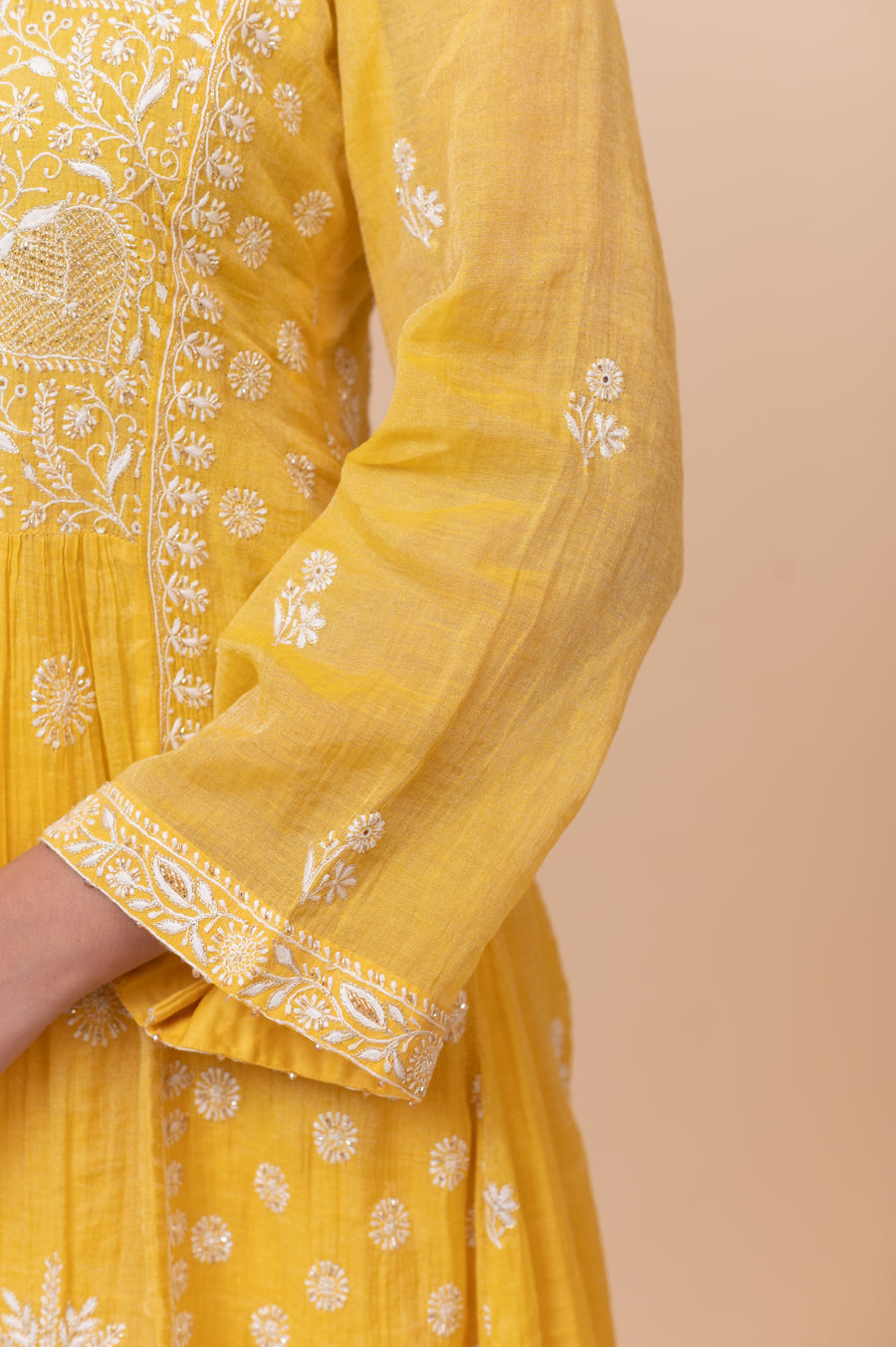 Chikankari A- Line Tissue Suit Set - IKEA Yellow