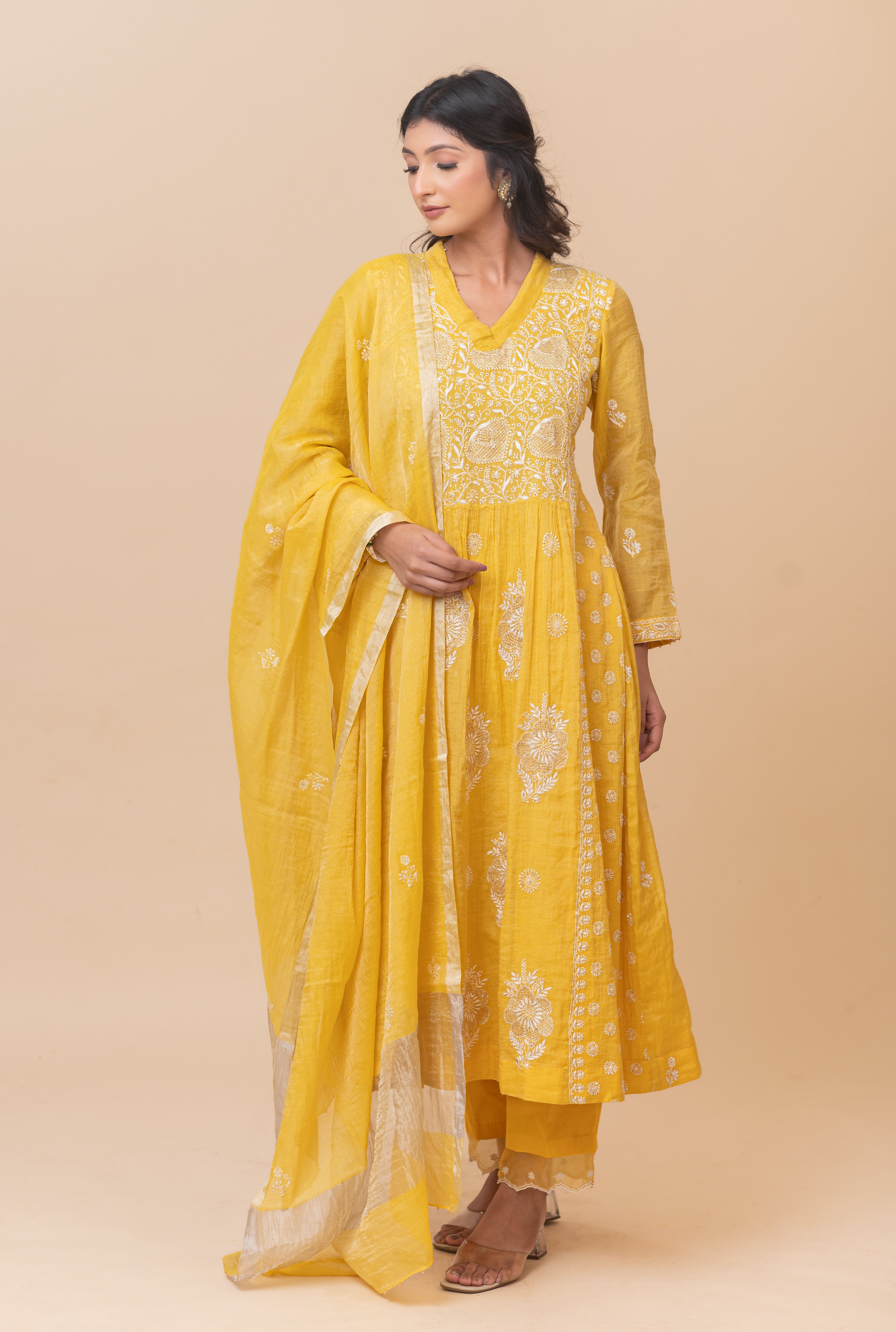 Chikankari A- Line Tissue Suit Set - IKEA Yellow