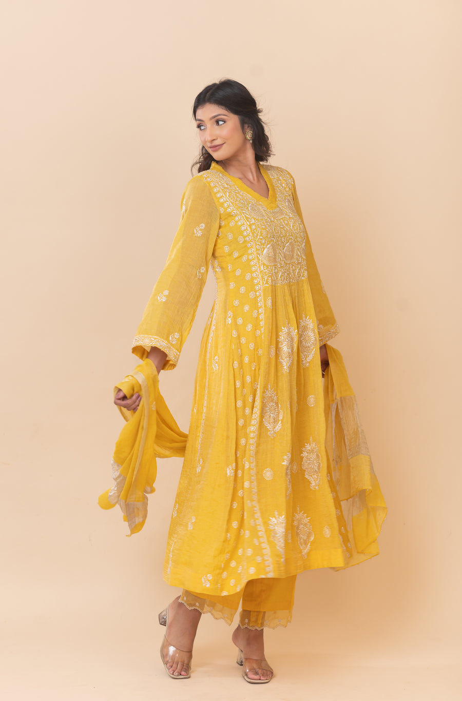 Chikankari A- Line Tissue Suit Set - IKEA Yellow