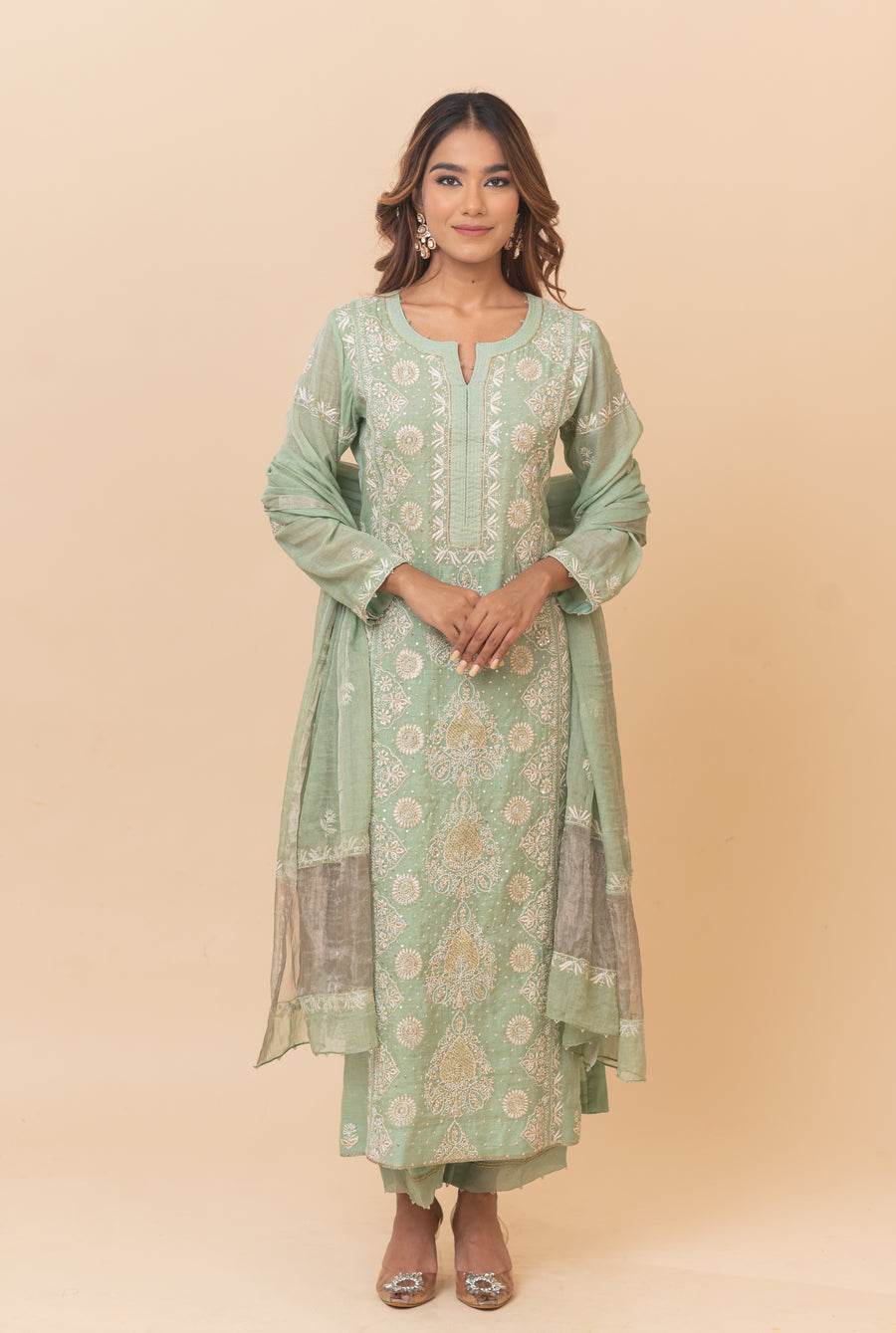Chikankari Tissue Straight Suit Set - Mint Green