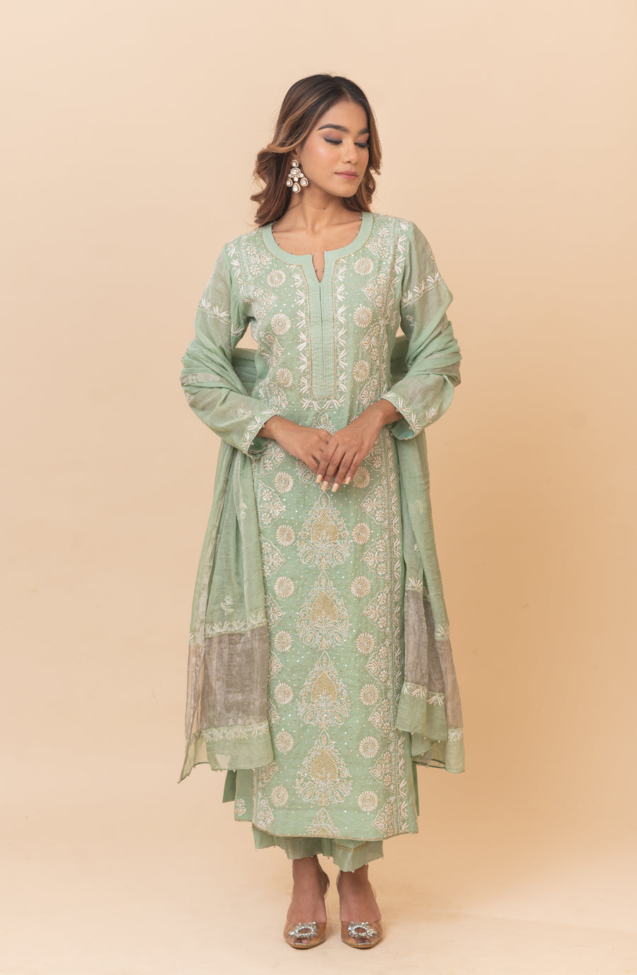Chikankari Tissue Straight Suit Set - Mint Green