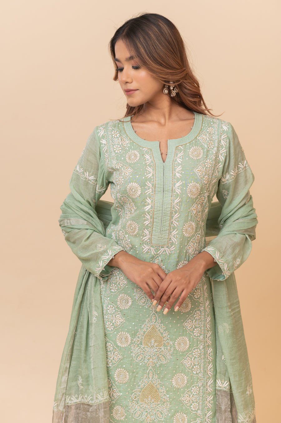 Chikankari Tissue Straight Suit Set - Mint Green