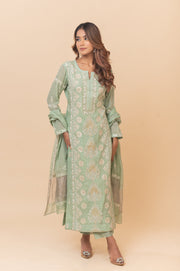 Chikankari Tissue Straight Suit Set - Mint Green