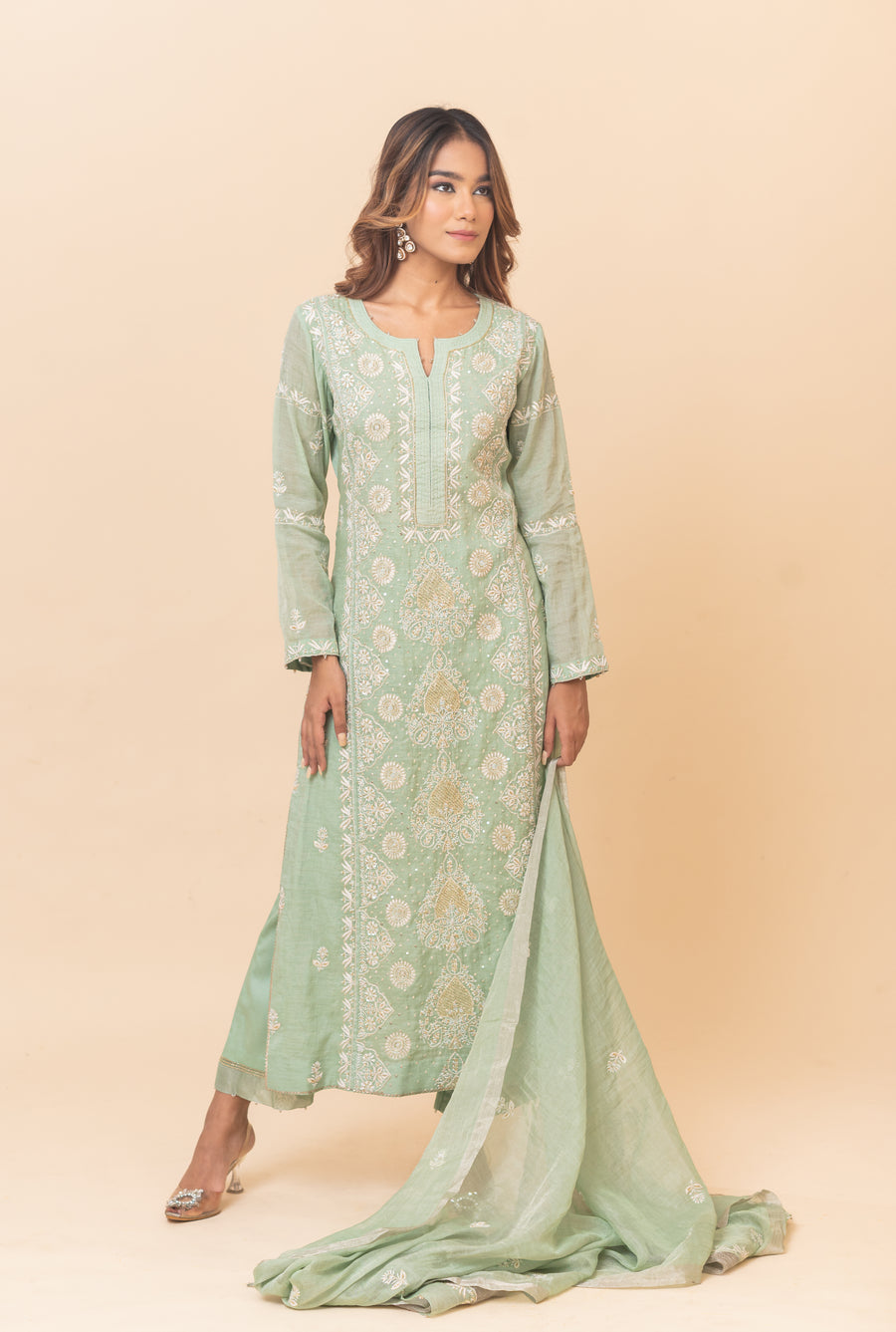 Chikankari Tissue Straight Suit Set - Mint Green