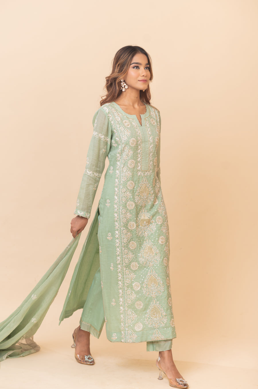 Chikankari Tissue Straight Suit Set - Mint Green