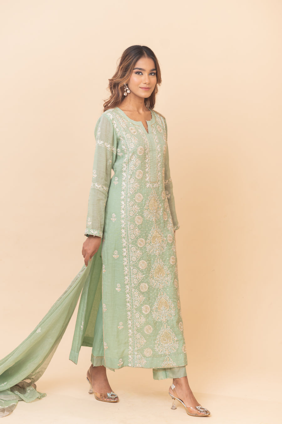 Chikankari Tissue Straight Suit Set - Mint Green