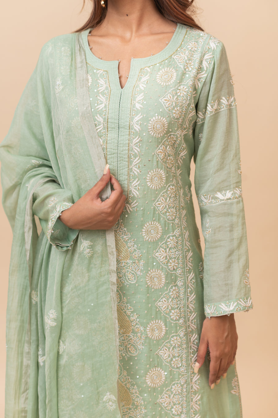 Chikankari Tissue Straight Suit Set - Mint Green