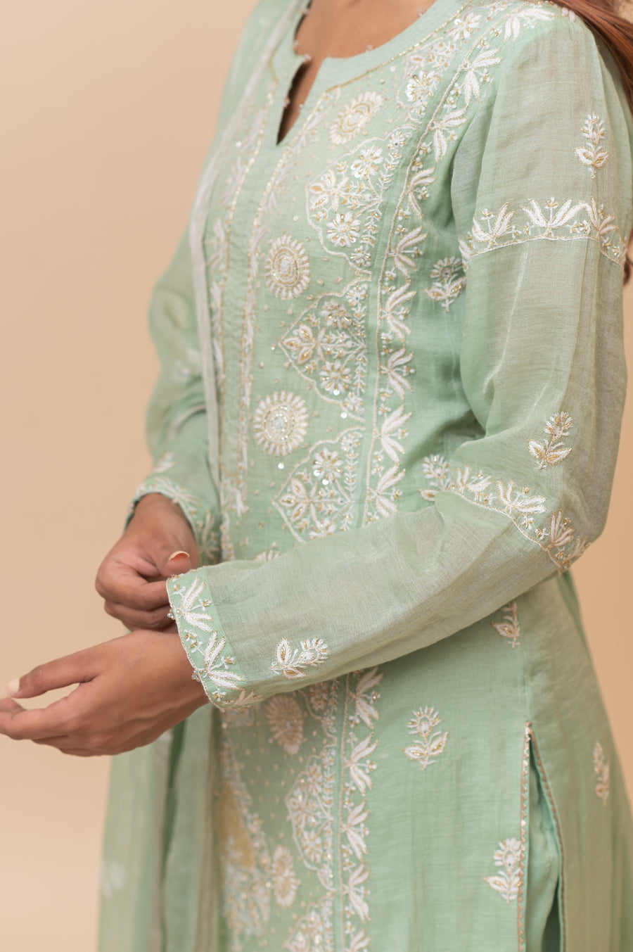 Chikankari Tissue Straight Suit Set - Mint Green