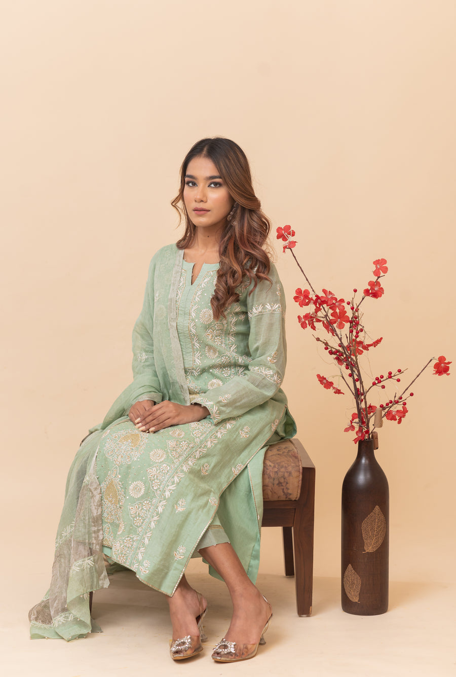 Chikankari Tissue Straight Suit Set - Mint Green