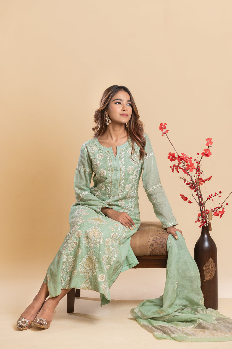Chikankari Tissue Straight Suit Set - Mint Green
