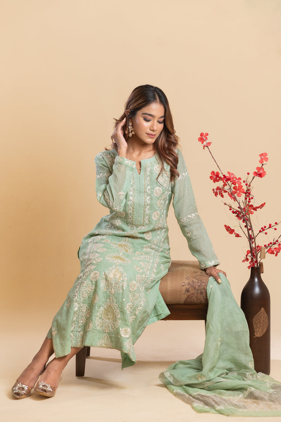 Chikankari Tissue Straight Suit Set - Mint Green