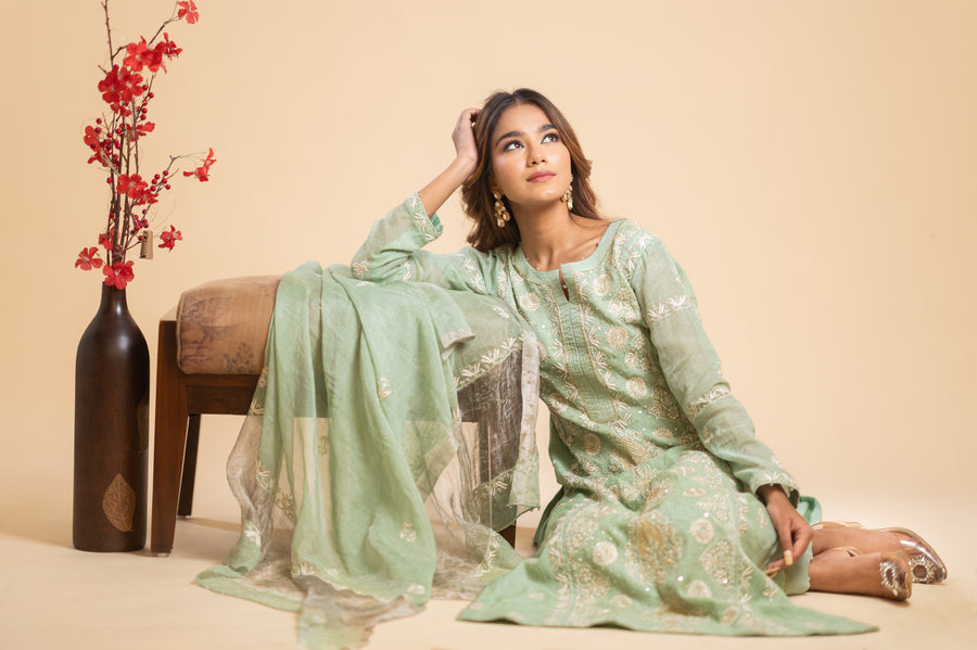 Chikankari Tissue Straight Suit Set - Mint Green