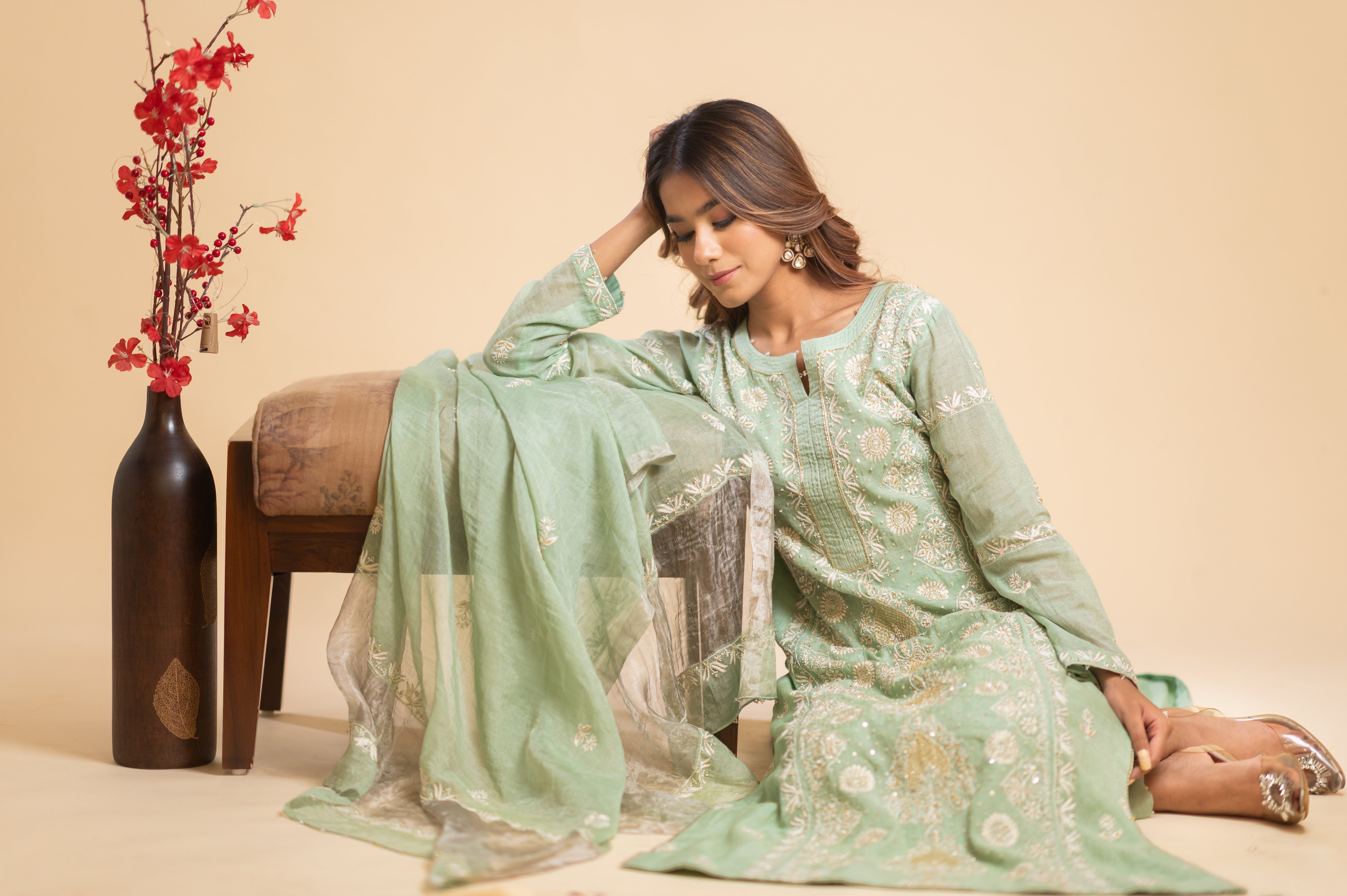 Chikankari Tissue Straight Suit Set - Mint Green