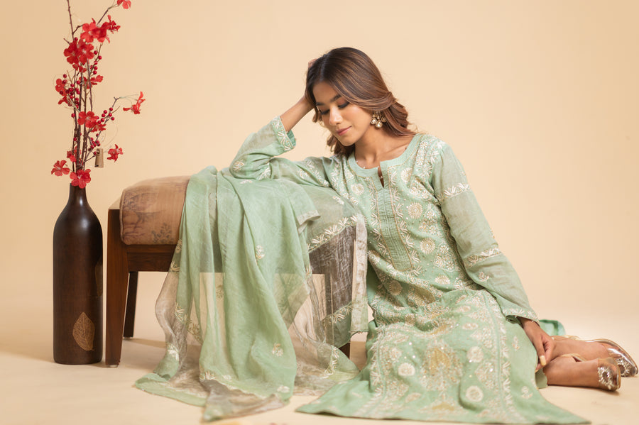 Chikankari Tissue Straight Suit Set - Mint Green